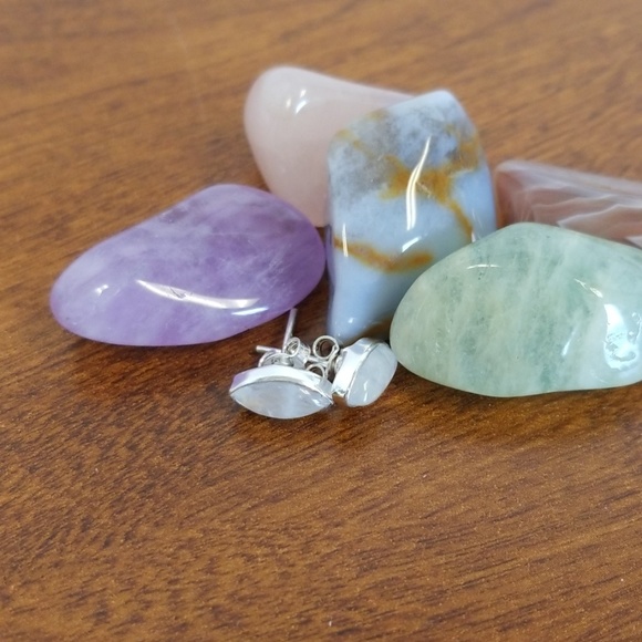 Marquis cut rainbow moonstone studs - Picture 3 of 7